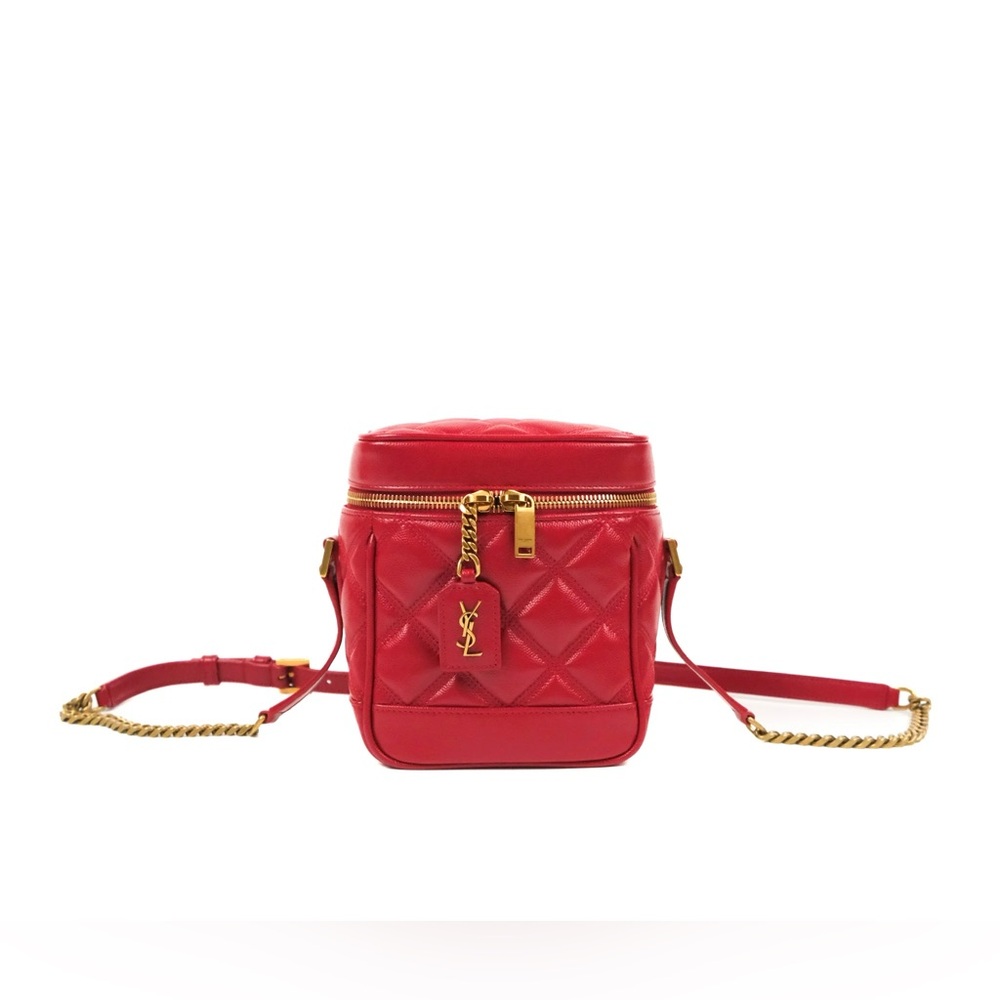 YSL Saint Laurent Red Quilted Leather 80s Vanity Crossbody with Gold Hardware